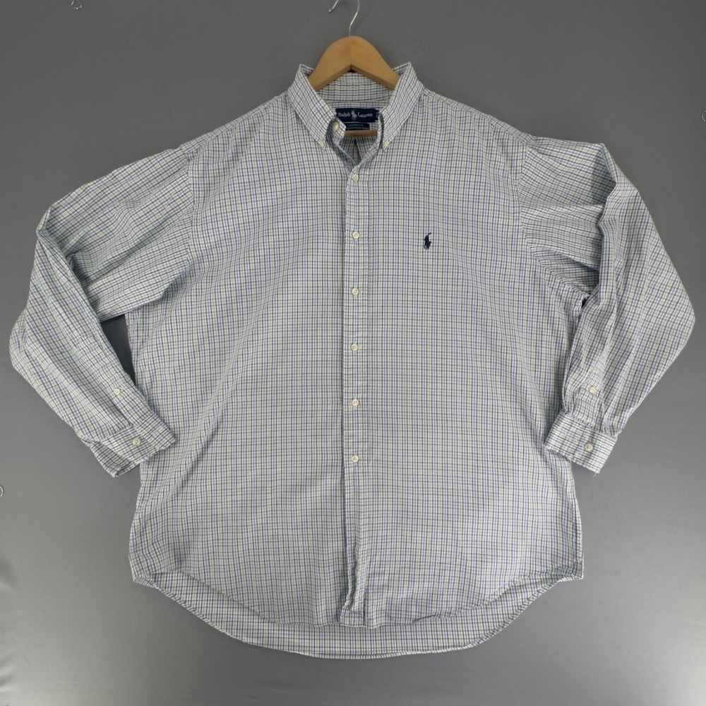 VTG Ralph Lauren Yarmouth Mens 17.5 34/35 Blue Green Check Pinpoint Oxford Shirt